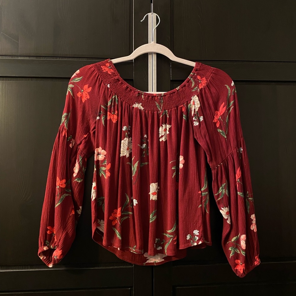 Burgundy Hollister size xs off-the-shoulder blouse with cute flowers on it